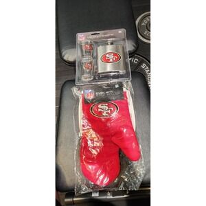 San Francisco 49ers Oven Mitt Pot Holder And Flask With Shot Glasses Bundle Set